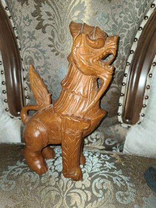 Large 14 " Vintage Hand Carved Solid Wood Foo Dog Chinese Asian Sculpture Teak Vg