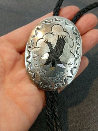 Larry Watchman Eagle Inlay Stamped Sterling Silver Bolo Tie Native American 3