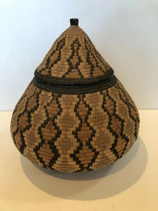 Vintage Ukhamba Reptile Pattern African Zulu Huge Basket W/lid,  14 " T,  12 " W