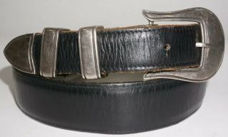 Sterling Silver Chacon 4 Piece 1 " Buckle Set With Black Falconhead Belt Sz 32