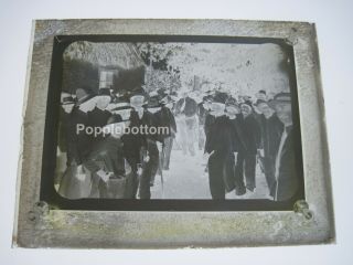 Antique Glass Negative Slide Depicting Large Group Of Mexican Men Outside Home