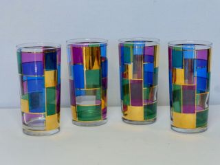 Vintage Culver Set Of 4 Highball Glasses Mod Plaid Geometric Multi - Colors & 22k