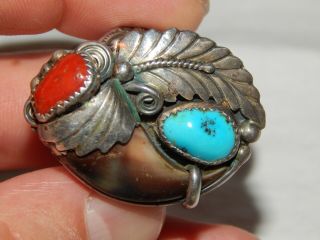 Vintage Navajo Turquoise & Coral & Badger Claw Sterling Silver Ring Size 11.  5