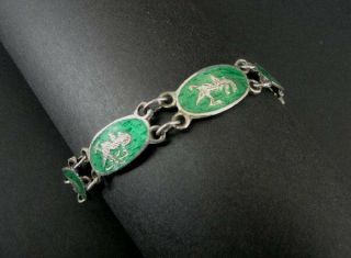 Vintage Siam Green Dancers Oval Sterling 925 Silver Link Bracelet