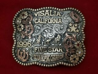 1996 Rodeo Vintage Trophy Belt Buckle Visalia California Team Roping Champion874