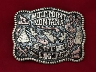 Rodeo Vintage Trophy Belt Buckle Wolf Point Montana Bull Riding Champion 522