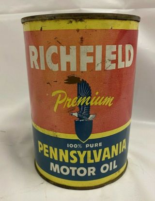 Vintage Richfield Premium Pennsylvania Full Quart Motor Oil Can - Rare