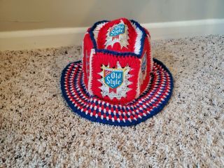 Heilemans Old Style Beer Vintage Crocheted Hat Red White Blue 4th Of July