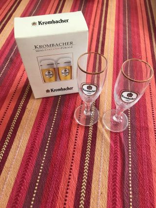 Vintage Krombacher Miniature Flute Beer 5.  25” Glass Set Gold Trim W/ Box Germany