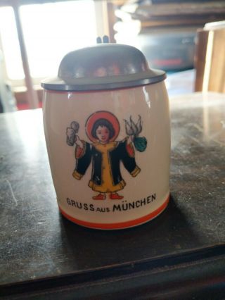 Antique German Gruss Aus Munchen Child Beer Mug Stein W/ Pewter Lid.  5l