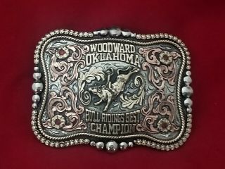 Cowboy Rodeo Vintage Trophy Belt Buckle Woodward Oklahoma Bull Ride Champion 210