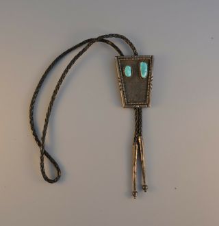 Old Pawn Navajo Indian Silver Bolo Tie - 2 Turquoise Stones On Textured Setting