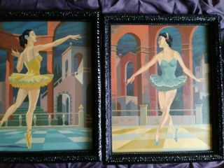 Two Vintage Mid Century Paint By Number Ballerina Framed 20 " X 16 "