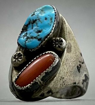 Old Vintage Navajo Native American Sterling Silver Turquoise And Coral Ring