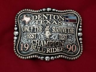 1990 Rodeo Vintage Trophy Belt Buckle Denton Texas Bull Riding Champion 531