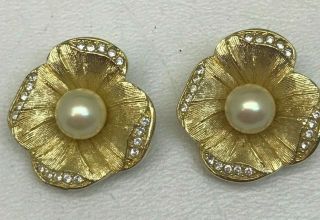 Vintage Signed Christian Dior Clip On Pearl & Gold Tone Flower Earrings
