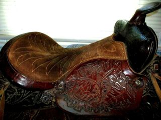 Vintage Leather Horse Saddle Western Tooling 15 " Seat Adult Oak Leaf Acorn Fleec