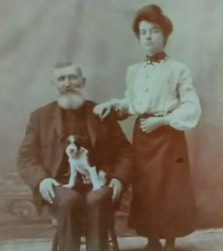 Vintage Cdv Cabinet Card Light Sepia Photo Victorian Era Man Woman With Dog
