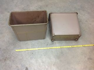 (2) Vintage Steelcase Beige Metal Square Industrial Factory Trash Waste Can.  4