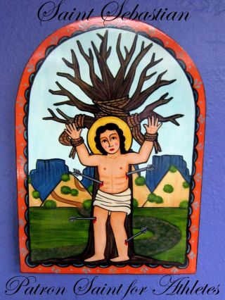 Mexico Hand Painted St.  Sebastian Retablo By Nm Artist Andrea Fresquez - Baros