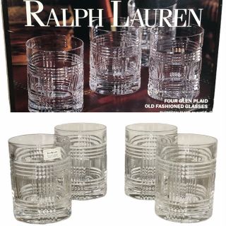 Vintage Ralph Lauren Glen Plaid Old Fashioned Crystal Glasses Set Of 4