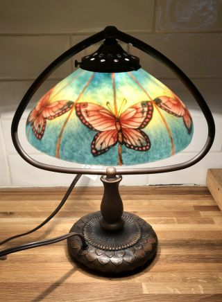 Vtg Reverse Ornate Butterfly Hand Painted Frosted Glass Bronze Metal Table Lamp
