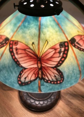 VTG Reverse Ornate Butterfly Hand Painted Frosted Glass Bronze Metal Table Lamp 3