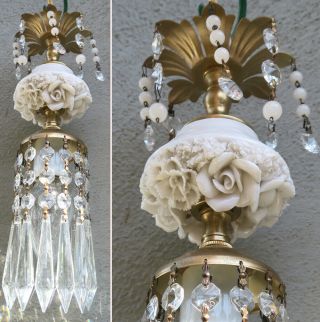 Vintage Lamp Porcelain Ivory Rose Brass Tole Chandelier Swag Crystal Parian