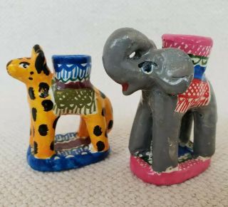 Two Vintage Mexican Folk Art Animal Candle Holder Pottery Figurine Mexico Clay