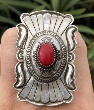 Huge 2 3/8 " Old Pawn Navajo Concho Red Coral Sterling Silver Stamped Shield Ring