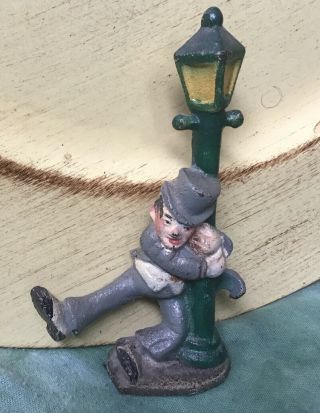 Vintage Cast Iron Painted Figural Bottle Opener Drunk Man Leaning Light Pole Bar