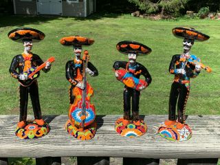 Set/4 Los Mariachis Painted Mexican Talavera Statues 11 " - 12 " Day Of The Dead 03