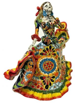 Talavera Catrina 17 " Xl Day Of The Dead Mexican Pottery Art Twirling Dancer