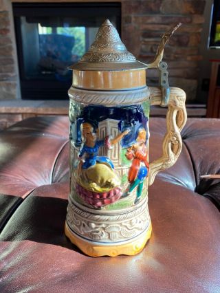Vintage German Styled Beer Stein With Lid.  Music Box Inside,  9 " Tall.