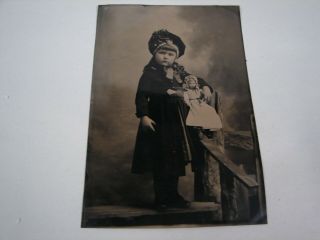 Great Quarter Plate Size Tintype Of Young Girl With Doll
