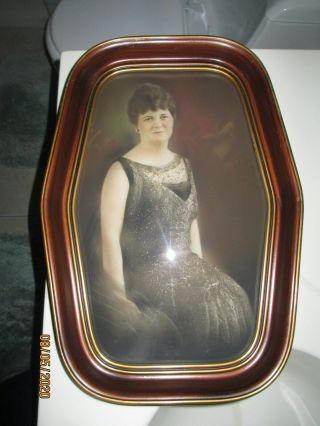 Vintage 17 " X 12 " Convex Bubble Glass Hexagon Picture Frame With Lady