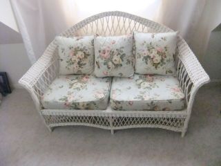 Vintage White Painted Wicker Loveseat Sofa