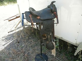 Vintage Youth Fancy Saddle 11.  5 " Seat Wood Stirrups With Tapaderos
