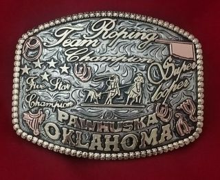 Rodeo Trophy Belt Buckle Pawhuska Oklahoma Team Roping Champion Vintage 267