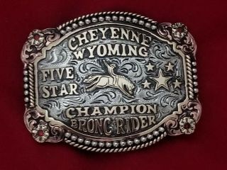 Rodeo Trophy Belt Buckle Cheyenne Wyoming Bronc Riding Champion Vintage 507