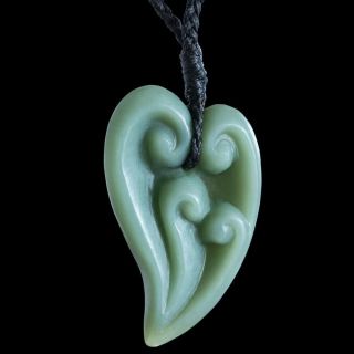 A Small Inanga Jade Heart Koru,  Hand Carved By A Maori Artist