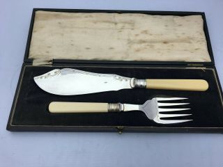 Antique Boxed Silver Plated Fish Servers Knife Fork Set 28cm Long