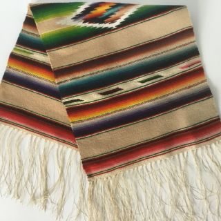 Vtg Mexican Saltillo Serape Wool Woven Table Runner Fine Weave 20 X 9 Fringe 4”