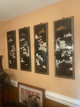 1950s Vintage Asian Black Laquer With Mother Of Pearl Wall Hangings Set Of Four