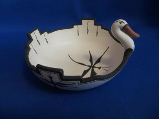 Rare Signed Phil Kiyite Zuni Swan Pottery Bowl Hand Made With 2