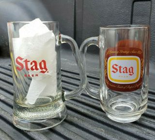 2 Vintage Stag Beer Drinking Glass Mugs Carling.  Mixed Sizes & Shapes