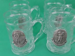Vintage Set Of 4 Clear Pressed Glass Mug Beer Steins W Pewter Golf Emblems