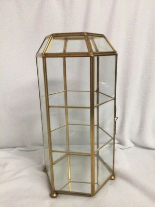 Vintage Glass & Brass Hexagon Table Top Curio Cabinet Euc
