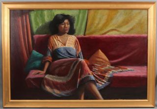 Large 24x36 O/c Portrait Oil Painting,  1970s American Black Woman,  Nr