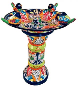 Talavera Birdbath Pedestal Water Fountain Mexican Pottery 27.  5 " Bird Bath